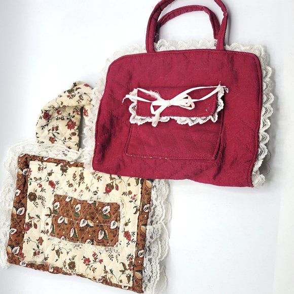 2 Vintage Handmade Quilted Fabric Book Notebook Bible Cover Carrying Case Tote - Picture 1 of 9